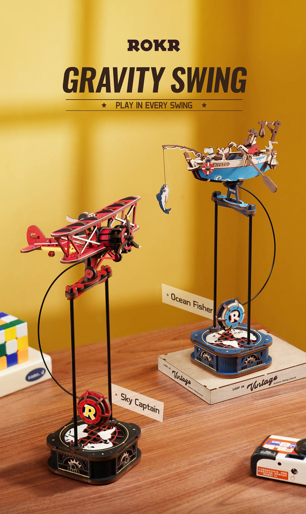 Robotime Rokr Gravity Swing Model Building Kit 3D Wooden Puzzle kit Sky Captain kit Ocean Fisher kit Best Gifts for Adults Teens