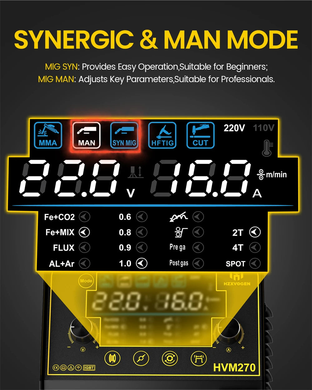 HZXVOGEN HVM270 6 in 1 Aluminum Welding Machine Cut/Gas MIG/Gasless MIG/HF TIG/MMA Digital Screen 2/4T Inverter Welder Stainless