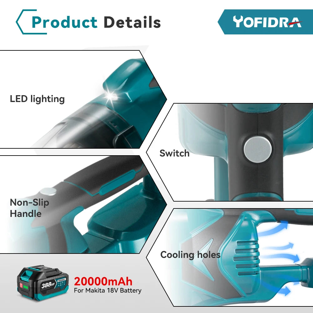 YOFIDRA 1500W Electric Vacuum Cleaner Cordless Multi-function Cleaner Handheld Cleaning Snow Dust Tool For Makita Battery Pin