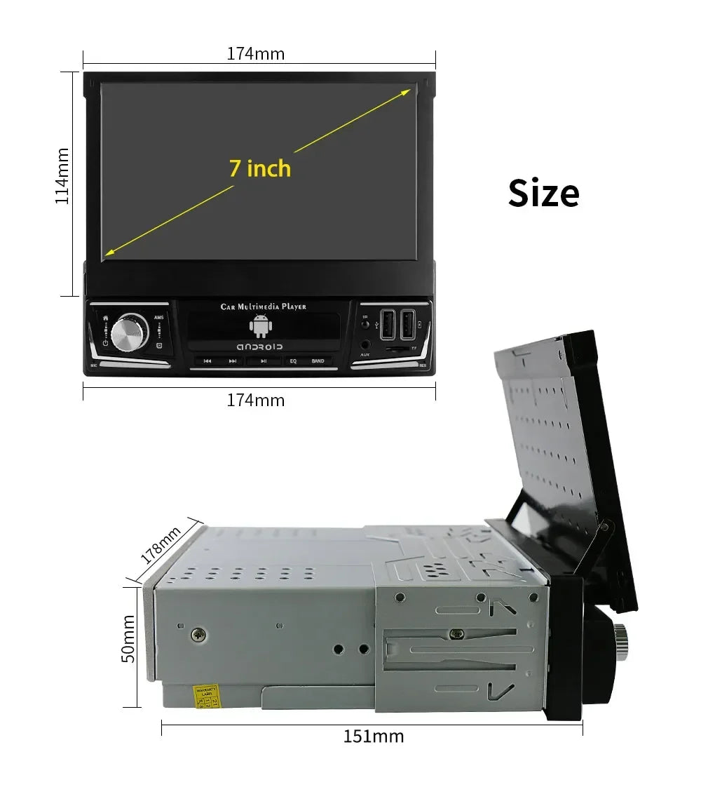 Android 14 Quad Core 2G 32G Single 1 Din Car Autoradio Player Universal Retractable Screen Car Radio WiFi MP5 Car GPS Navigation