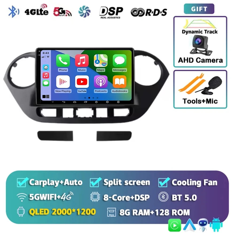 Android 14 For Hyundai i10 2 2013 -2018 LHD 2K QLED Stereo Car Radio Multimedia Video Player GPS AI Voice CarPlay 4G Navigation