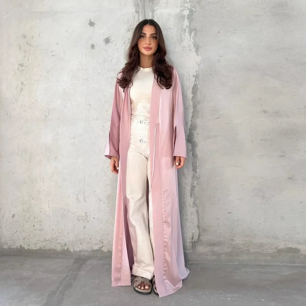 Muslim Women Pink Satin Kimono Abaya Damen Dubai Elegant Luxury Kaftan Modest Dress Islam Caftan Marocain Robe Femme Musulmane