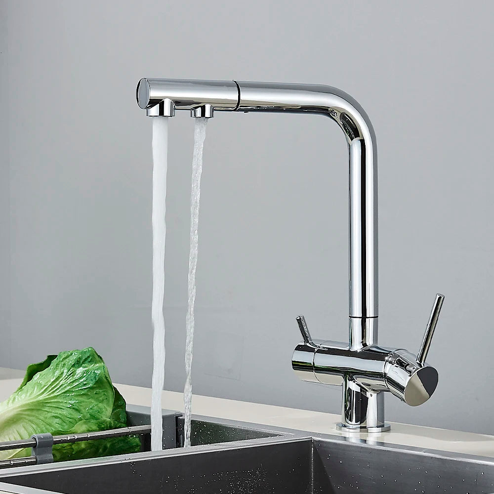 Chrome Filtered Faucet Brass Purifier Kitchen Faucet Dual Handle Drinking Water Vessel Sink Mixer Tap Torneira for Kitchen