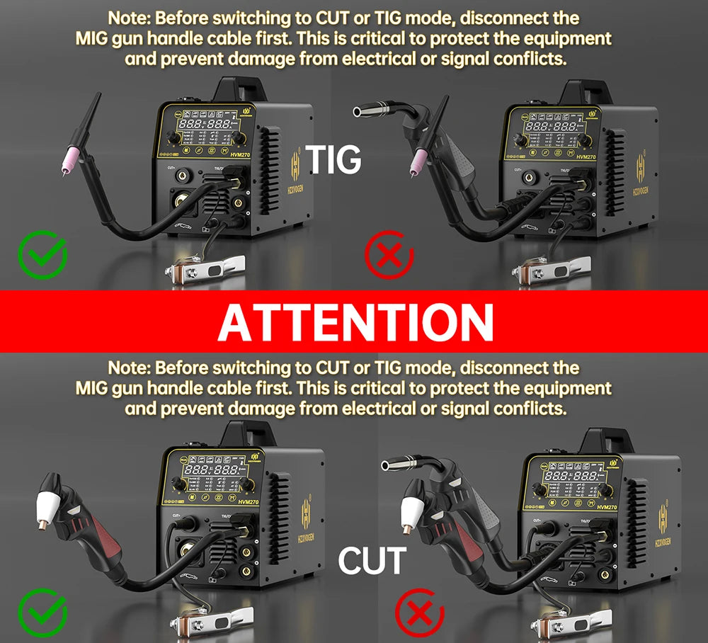HZXVOGEN HVM270 6 in 1 Aluminum Welding Machine Cut/Gas MIG/Gasless MIG/HF TIG/MMA Digital Screen 2/4T Inverter Welder Stainless