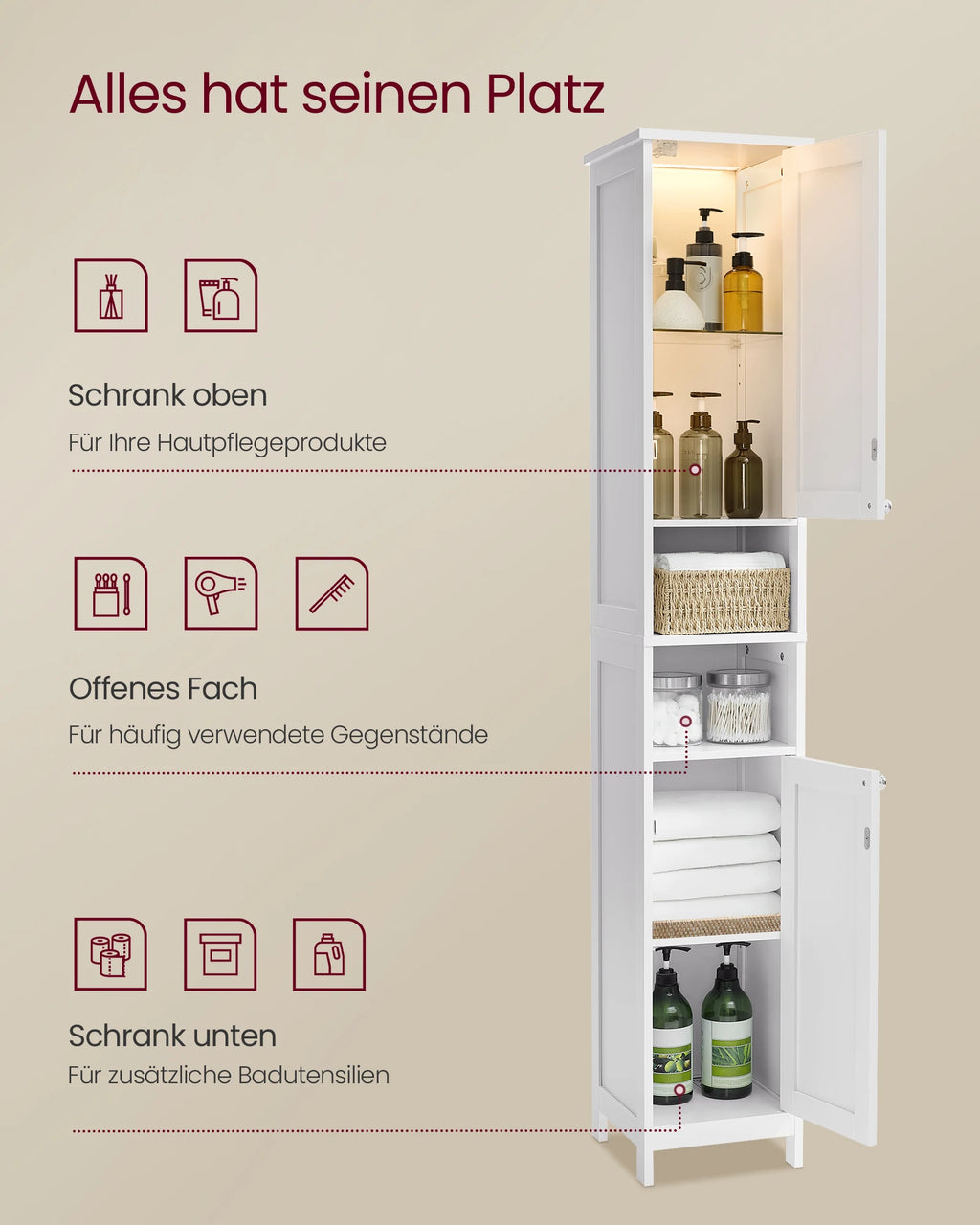 VASAGLE bathroom chest of drawers, bathroom cabinet with lighting, adjustable shelves