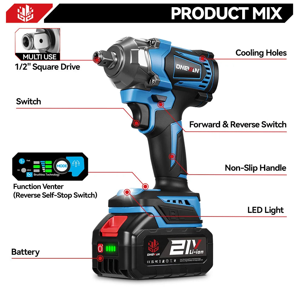 ONEVAN 1200N.M Brushless 1/2 inch Electric Impact Wrench, 3-Function Cordless Drill Screwdriver Tools for Makita 18V Battery