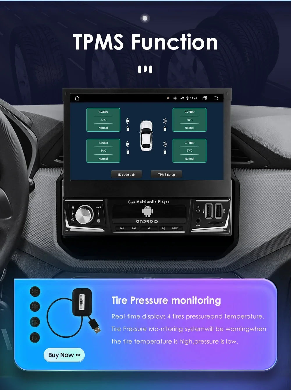 Android 14 Quad Core 2G 32G Single 1 Din Car Autoradio Player Universal Retractable Screen Car Radio WiFi MP5 Car GPS Navigation