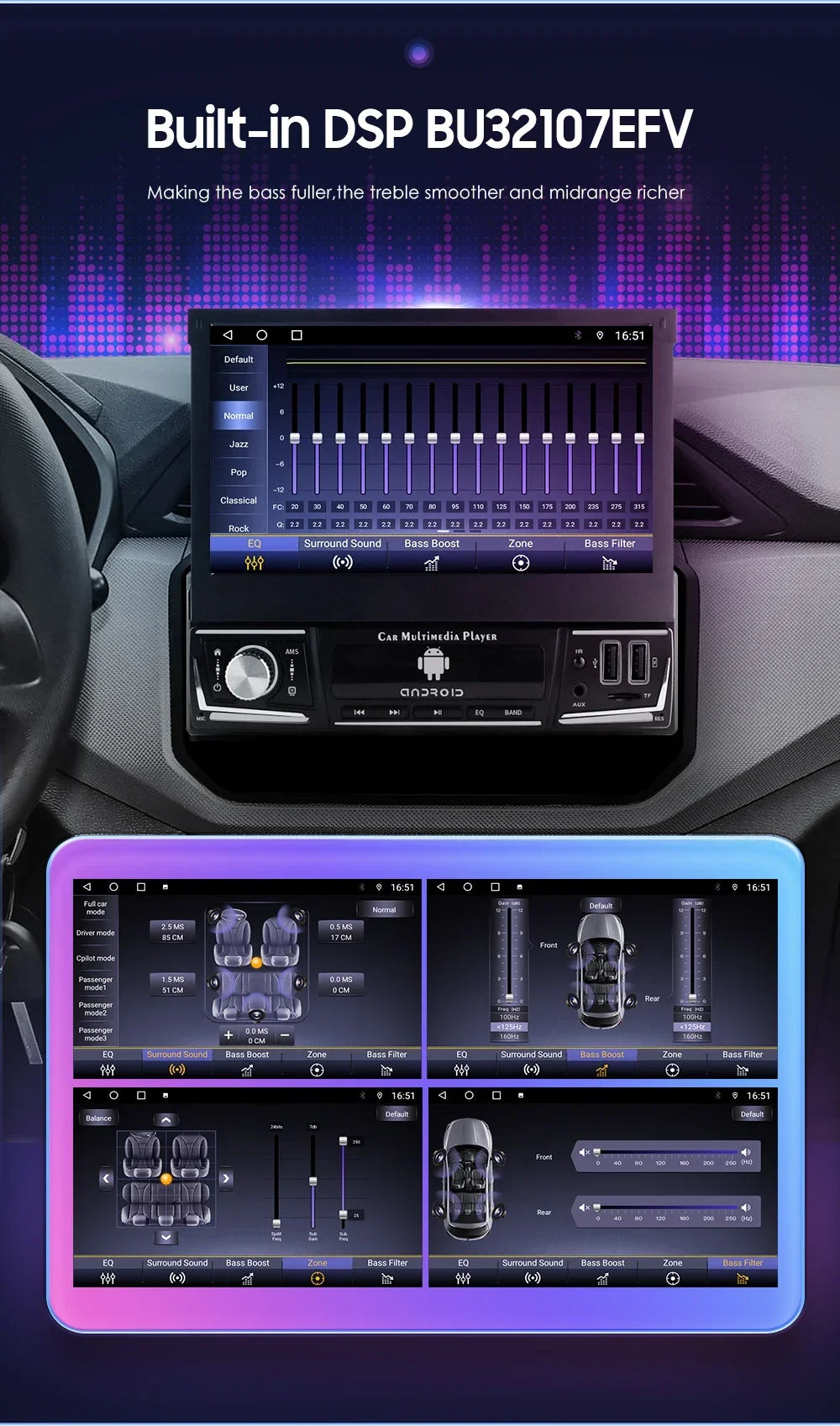 Android 14 Quad Core 2G 32G Single 1 Din Car Autoradio Player Universal Retractable Screen Car Radio WiFi MP5 Car GPS Navigation