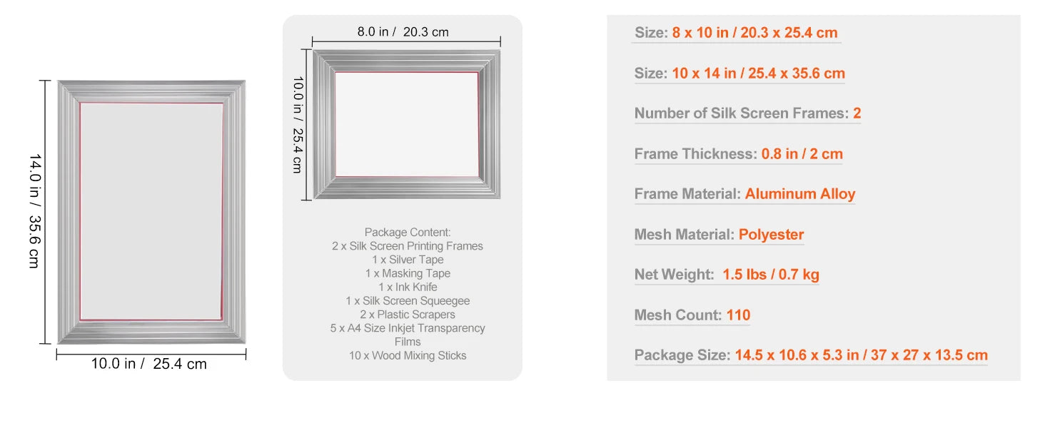 SucceBuy Screen Printing Kit 2/3 Pieces Aluminum Silk Screen Printing Frames 110 Count Mesh 5 Glitters and Screen Printing