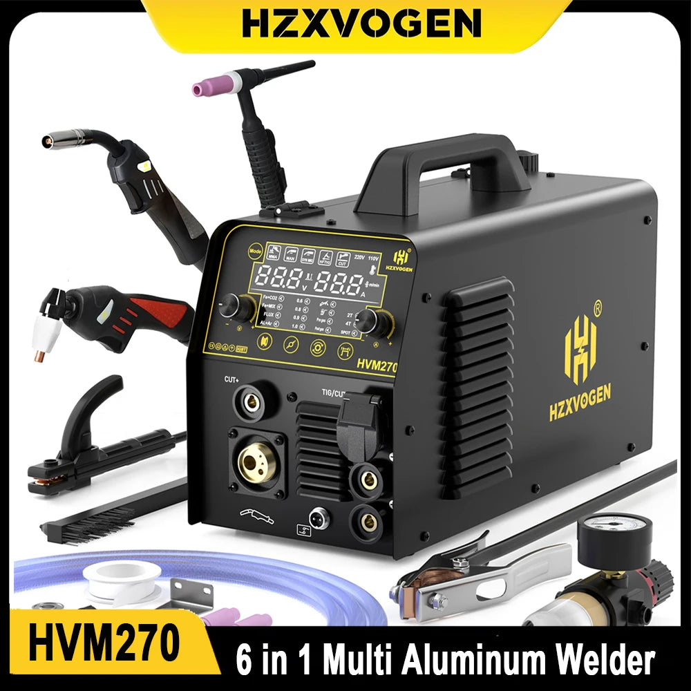 HZXVOGEN HVM270 6 in 1 Aluminum Welding Machine Cut/Gas MIG/Gasless MIG/HF TIG/MMA Digital Screen 2/4T Inverter Welder Stainless