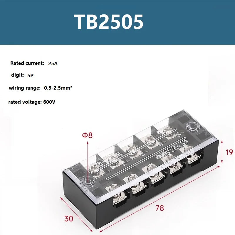 25A 600V Dual Row Barrier Screw Terminal Block Wire Connector TB Series 3 4 5 6 8 10 12 16 20 Positions Ways Factory Wholesale