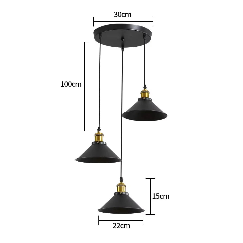 3 Lights Vintage Industrial Pendant Light, Metal Edison Design, Black Metal Hanging Chandeliers, E27 Ceiling Lighting for Kitchen