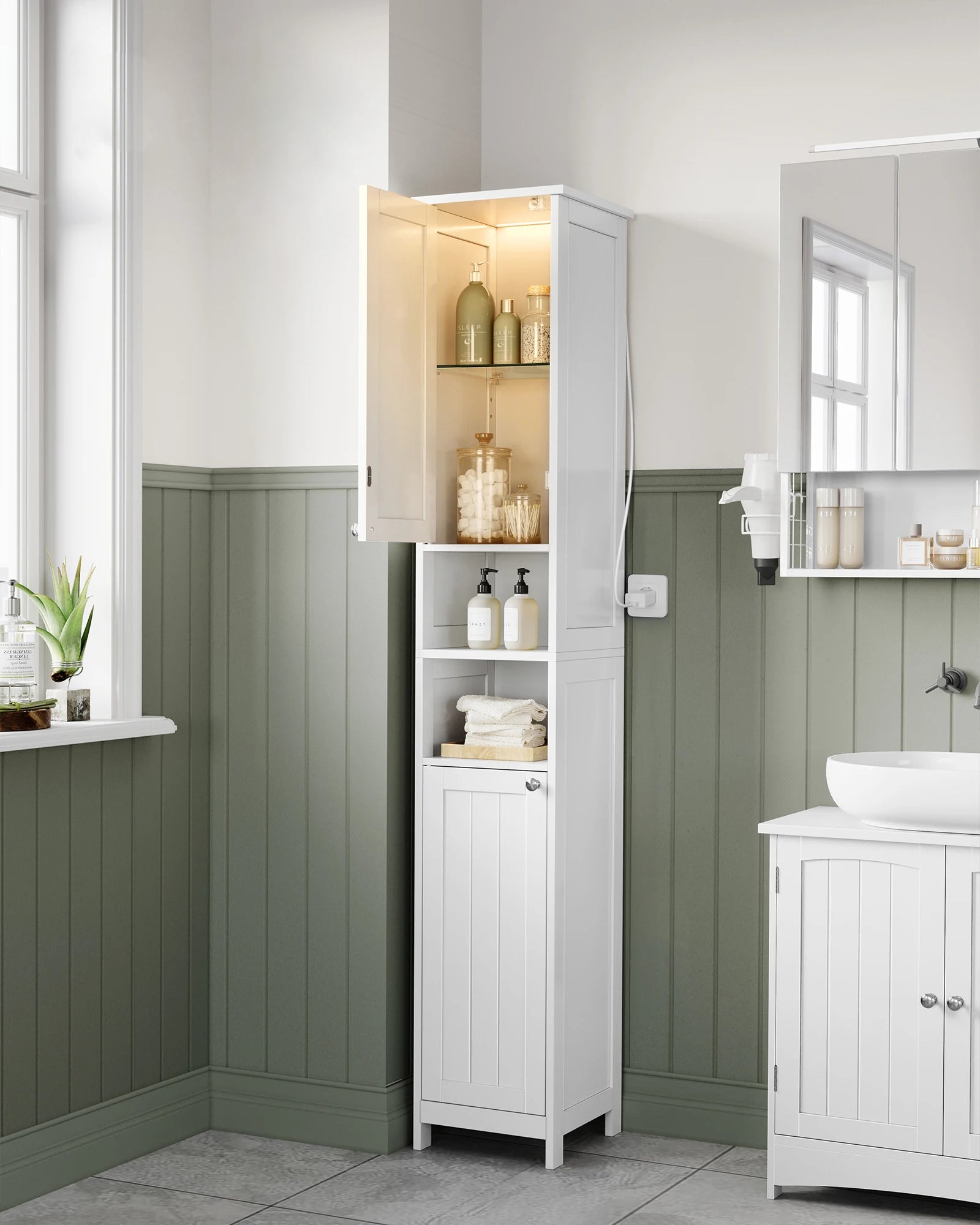 VASAGLE bathroom chest of drawers, bathroom cabinet with lighting, adjustable shelves