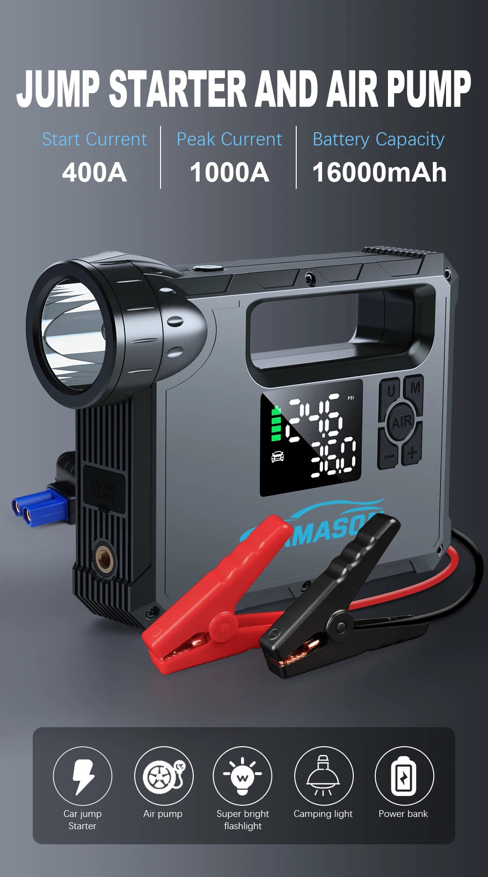 5 in 1 Car Jump Starter with air Compressor Portable Flashlight Starting Device Power Bank Battery Automotive Booster start