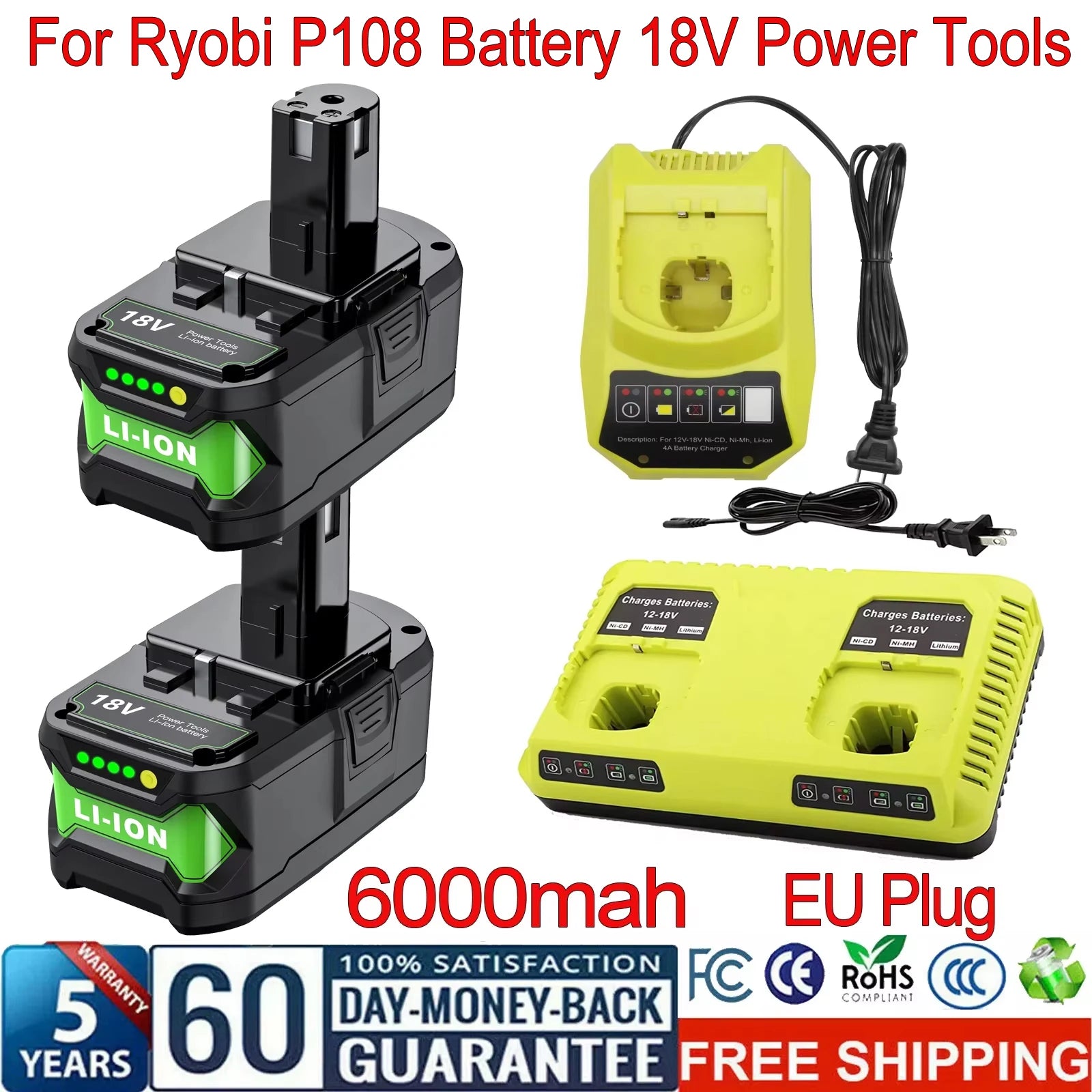 6000mAh For RYOBI 18V Li-Ion Replacement For Ryobi P108 P107 P108 RB18L50 RB18L20 Power Tool Rechargeable Battery And Charger