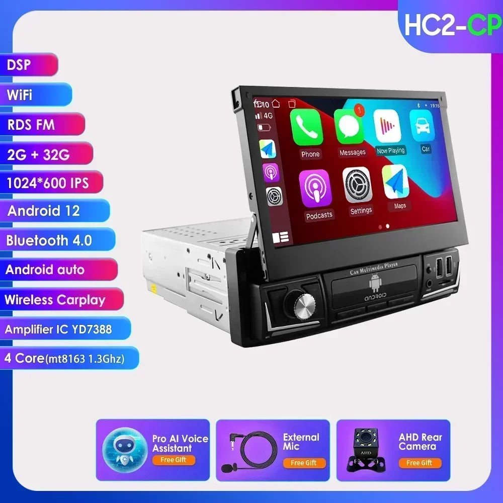 Android 14 Quad Core 2G 32G Single 1 Din Car Autoradio Player Universal Retractable Screen Car Radio WiFi MP5 Car GPS Navigation