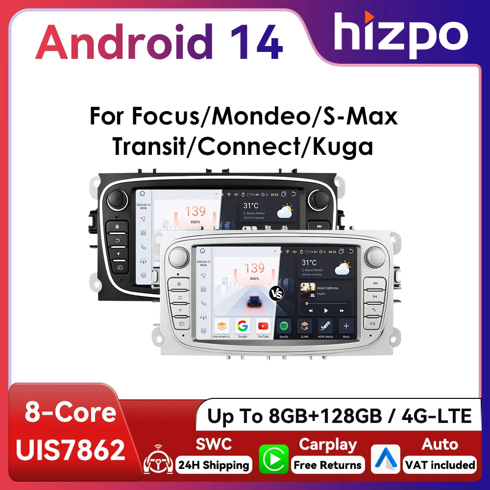 Hizpo 7inch Android Car Radio for Ford Focus S-Max Galaxy C-Max Kuga Mondeo Multimedia Auto CarPlay RDS DSP BT 4G CarPlay SWC