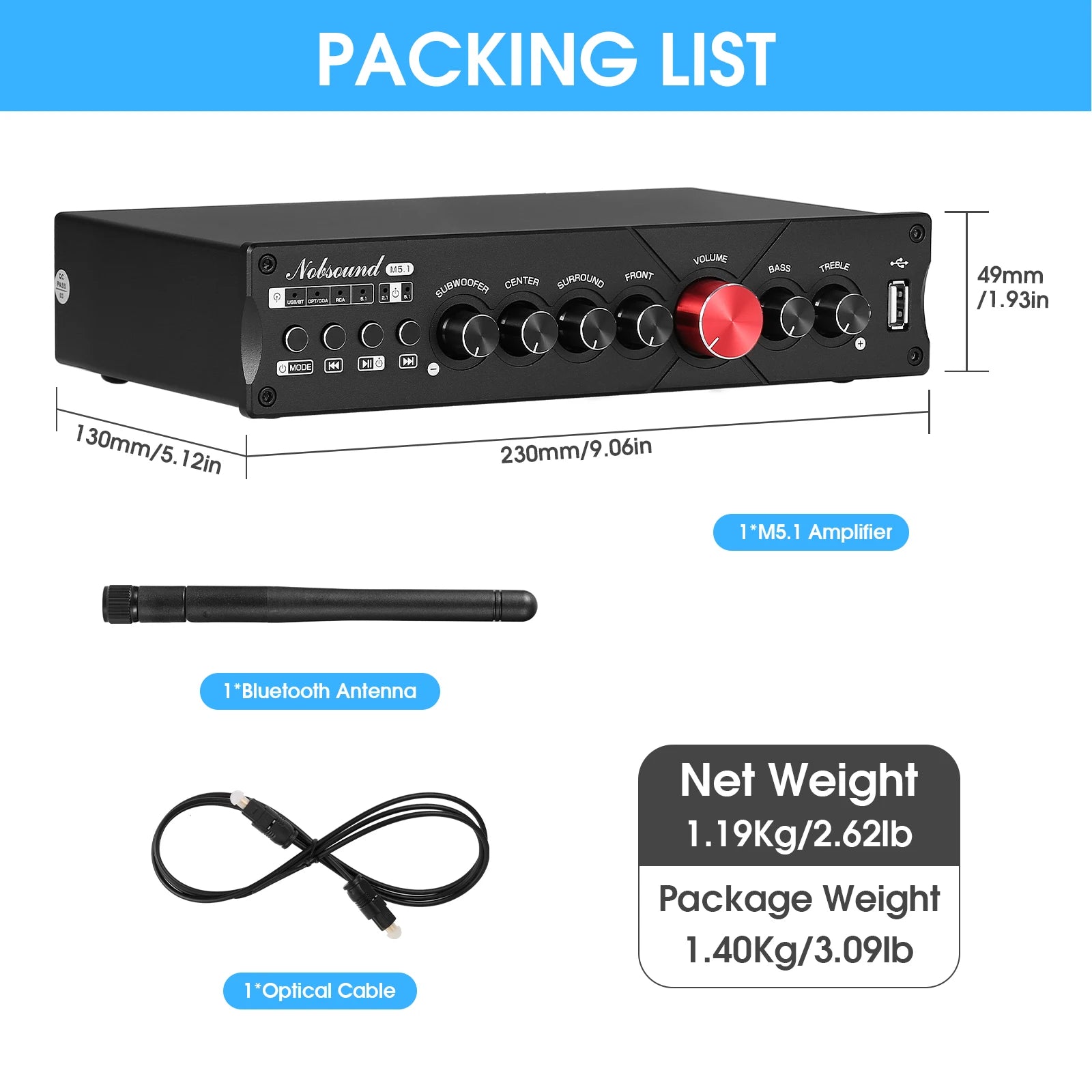 Nobsound M5.1 Digital Bluetooth Receiver 5.1 Channel Coaxial/Optical Home Theater Power Amp U-disk Subwoofer Amplifier
