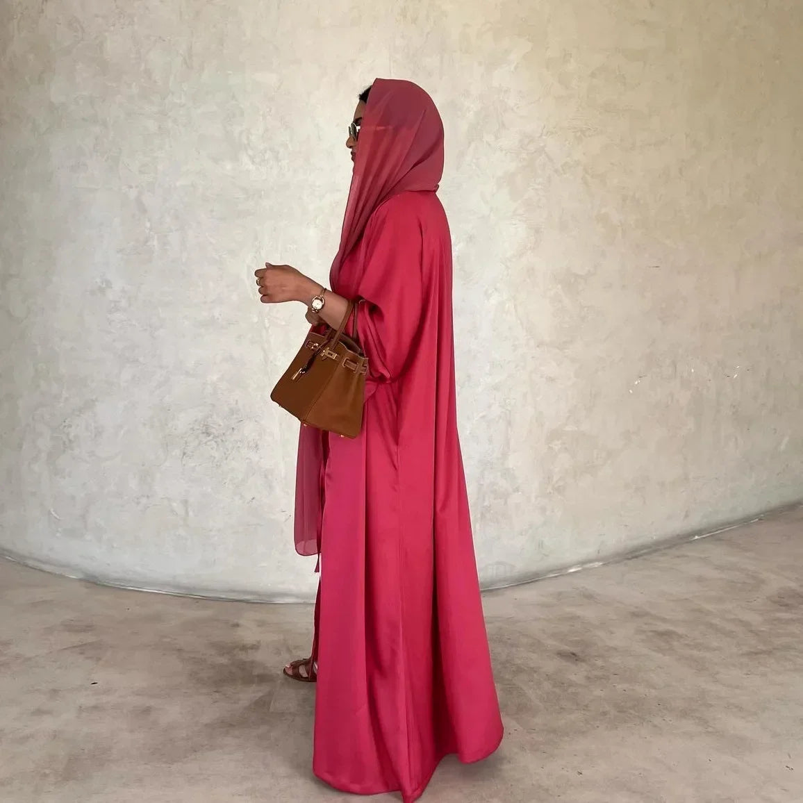 Muslim Women Pink Satin Kimono Abaya Damen Dubai Elegant Luxury Kaftan Modest Dress Islam Caftan Marocain Robe Femme Musulmane