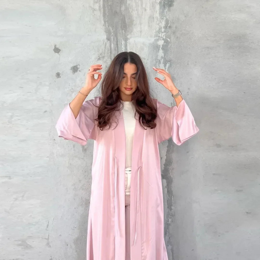 Muslim Women Pink Satin Kimono Abaya Damen Dubai Elegant Luxury Kaftan Modest Dress Islam Caftan Marocain Robe Femme Musulmane