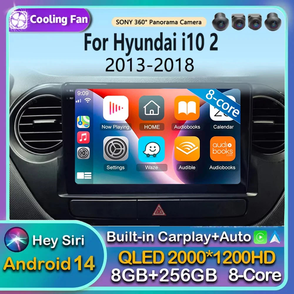 Android 14 For Hyundai i10 2 2013 -2018 LHD 2K QLED Stereo Car Radio Multimedia Video Player GPS AI Voice CarPlay 4G Navigation