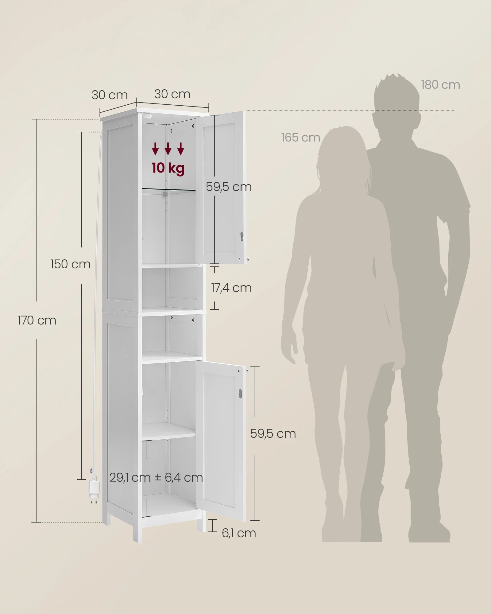 VASAGLE bathroom chest of drawers, bathroom cabinet with lighting, adjustable shelves