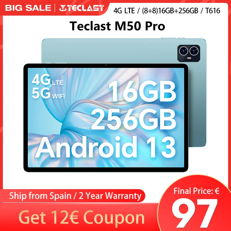Teclast M50 Pro, Android 13 Tablet Pc, Unisoc T616 10.1 Inch, Eight Cores, 1920X1200 Fhd, (8Gb+8Gb)Max.16Gb Ram, 256Gb Rom, 4g Network, Dual Wifi, 6000Mah