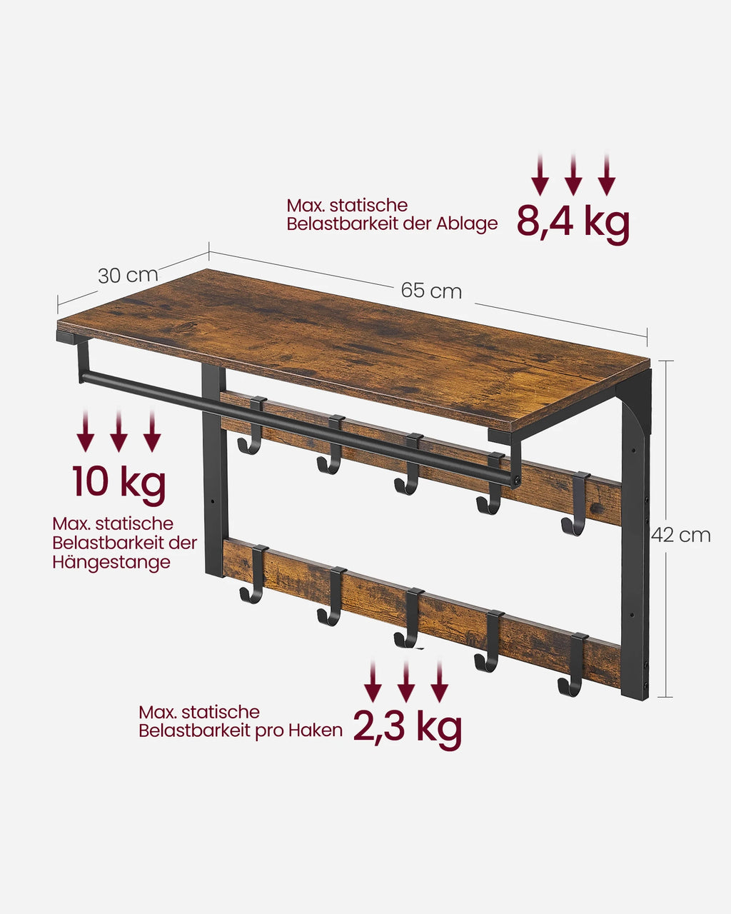VASAGLE Wall wardrobe with Shelf Wall Shelf with 10 Removable Hooks Hangers No Matter Wall Mounted 2 Cloakroom Lits