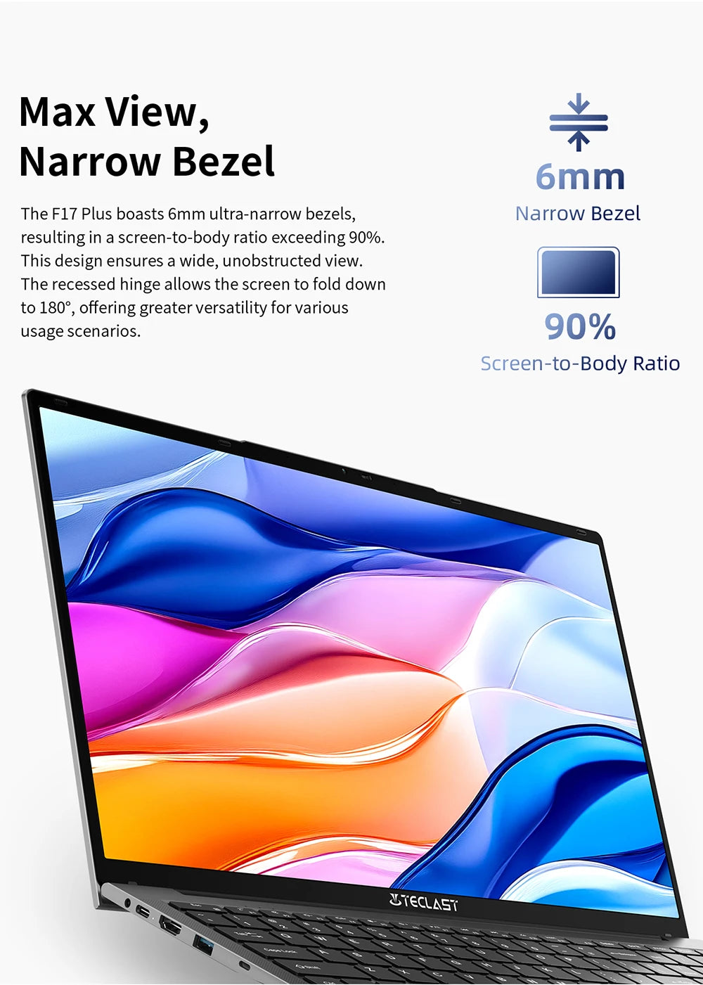 Teclast F17Plus Laptop, 17.3 Inches, for Intel N150, 16Gb Ram 512Gb Ssd, Windows 11 Pro, Notebook with 180 Rotation °   Mini-Hdmi Backlit Keyboard