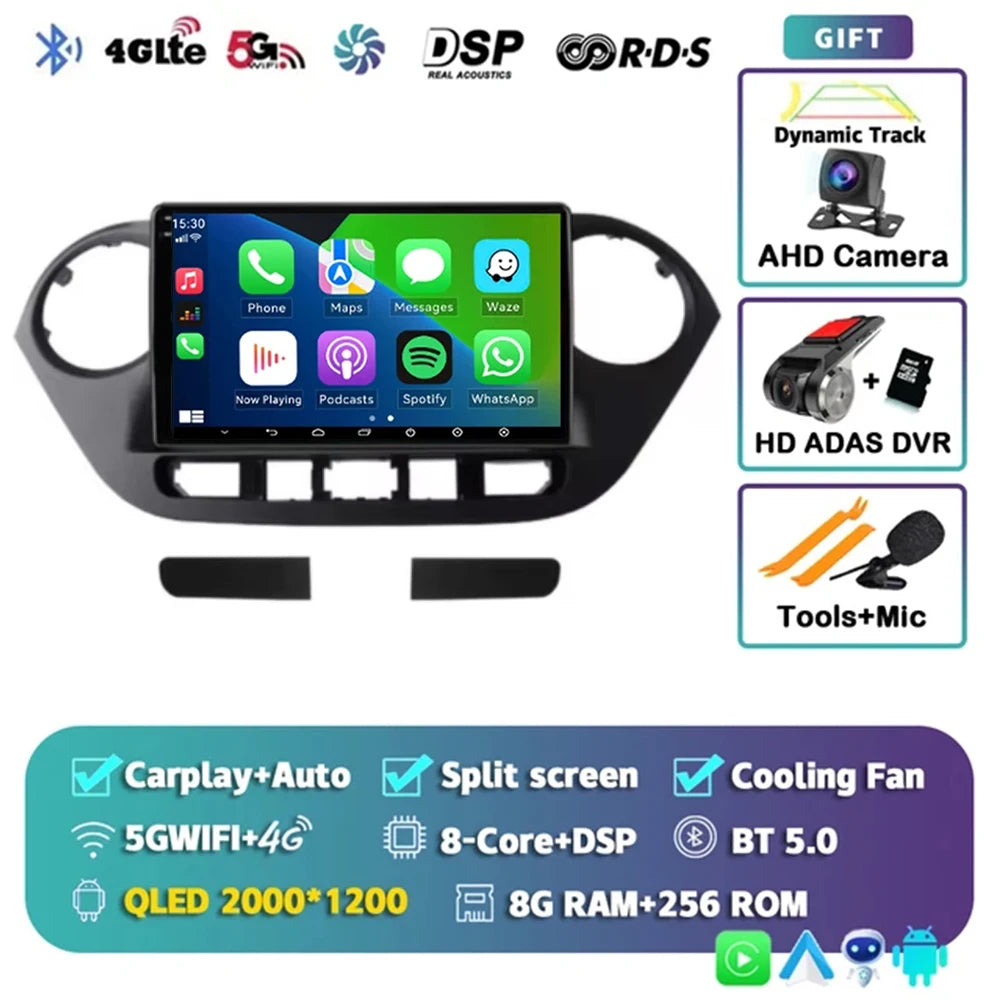 Android 14 For Hyundai i10 2 2013 -2018 LHD 2K QLED Stereo Car Radio Multimedia Video Player GPS AI Voice CarPlay 4G Navigation