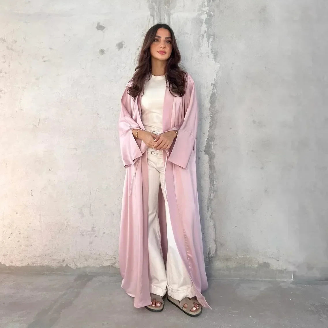 Muslim Women Pink Satin Kimono Abaya Damen Dubai Elegant Luxury Kaftan Modest Dress Islam Caftan Marocain Robe Femme Musulmane