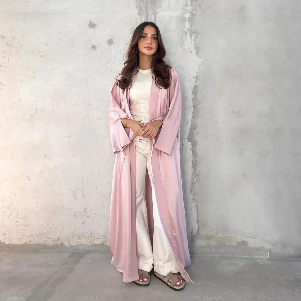 Muslim Women Pink Satin Kimono Abaya Damen Dubai Elegant Luxury Kaftan Modest Dress Islam Caftan Marocain Robe Femme Musulmane