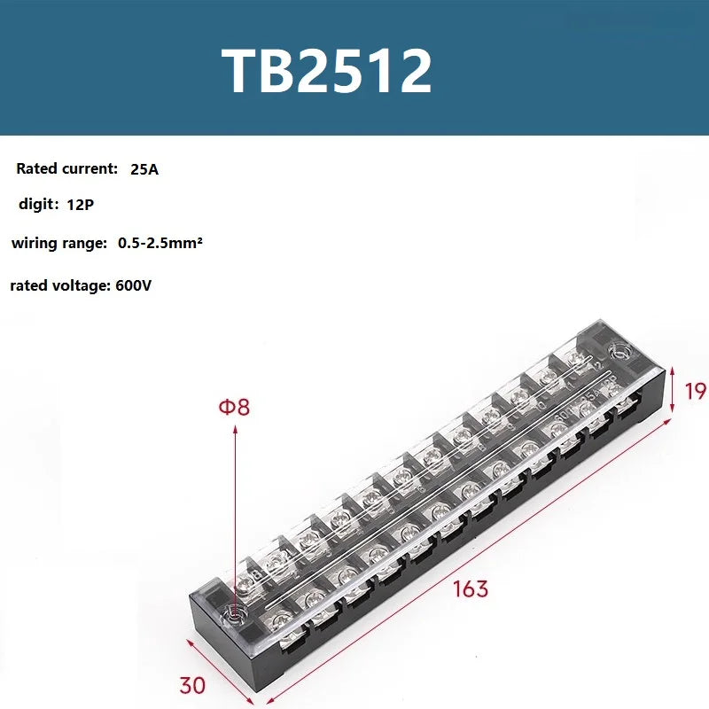 25A 600V Dual Row Barrier Screw Terminal Block Wire Connector TB Series 3 4 5 6 8 10 12 16 20 Positions Ways Factory Wholesale