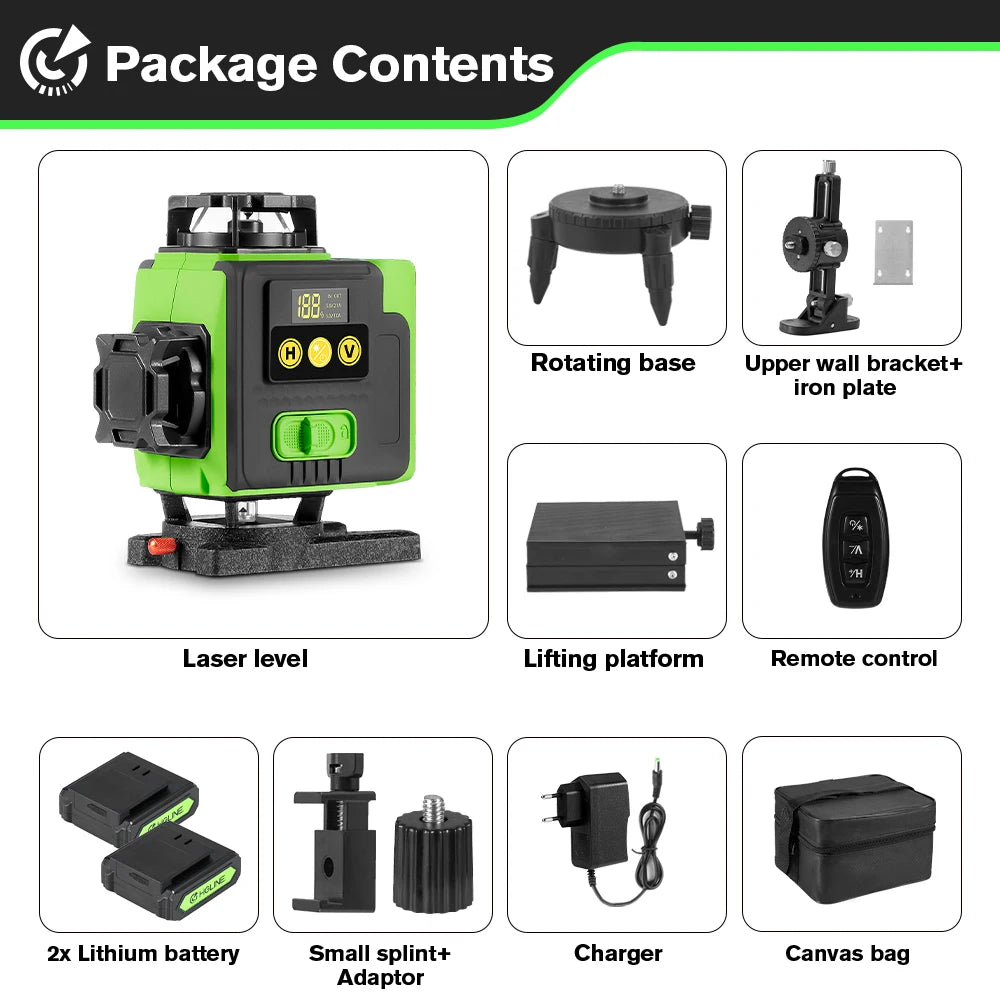 HGLINE 16 Lines 4D Laser Level Rotatable Leveling Machine Rechargeable Automatic Leveling Tool 2X6000mAh Battery Set With Tripod