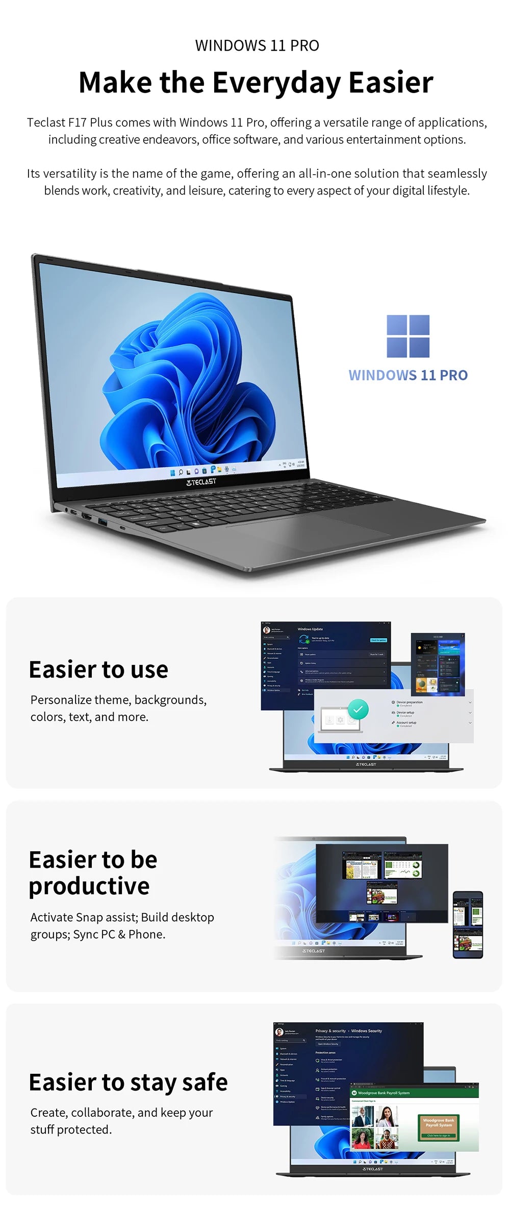 Teclast F17Plus Laptop, 17.3 Inches, for Intel N150, 16Gb Ram 512Gb Ssd, Windows 11 Pro, Notebook with 180 Rotation °   Mini-Hdmi Backlit Keyboard