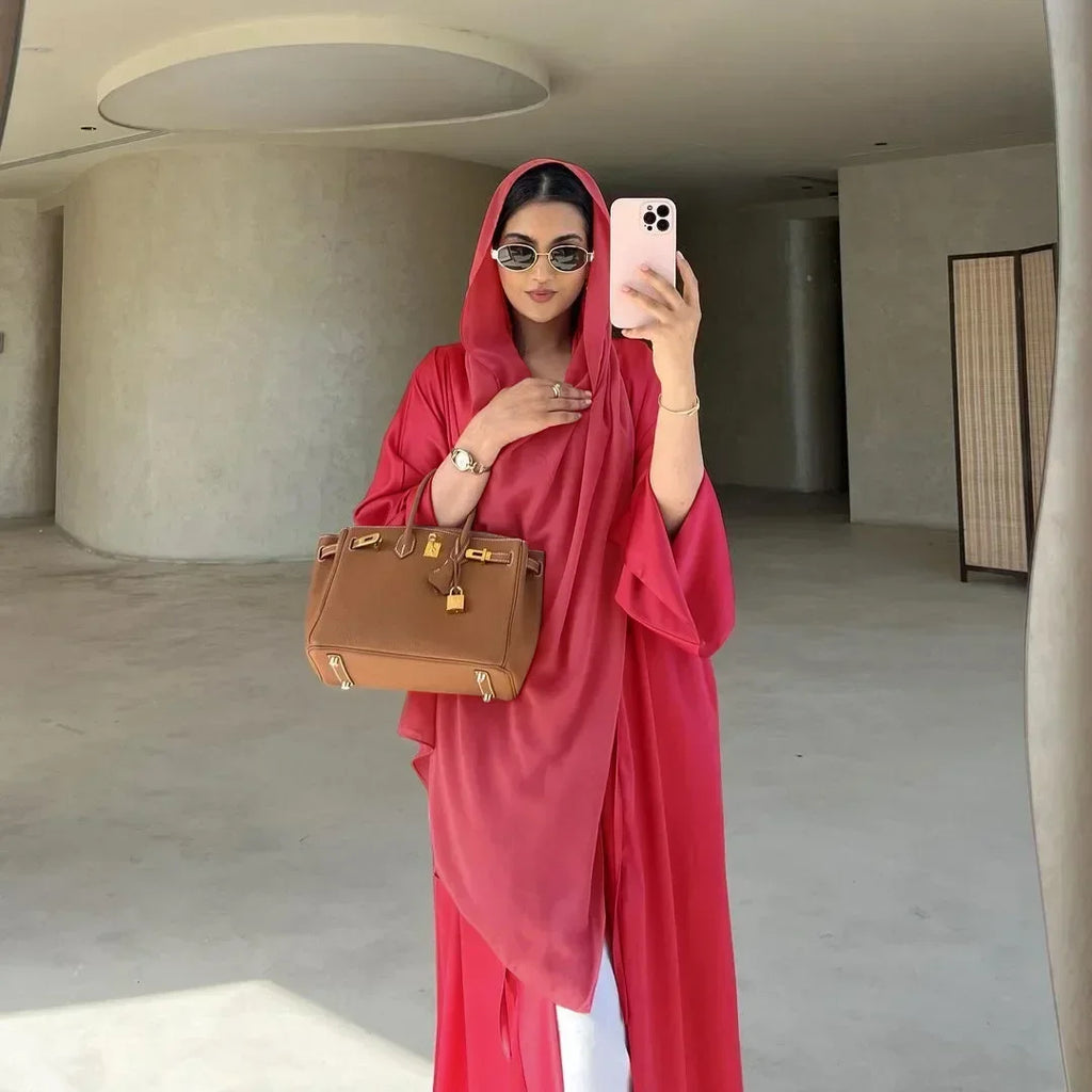 Muslim Women Pink Satin Kimono Abaya Damen Dubai Elegant Luxury Kaftan Modest Dress Islam Caftan Marocain Robe Femme Musulmane