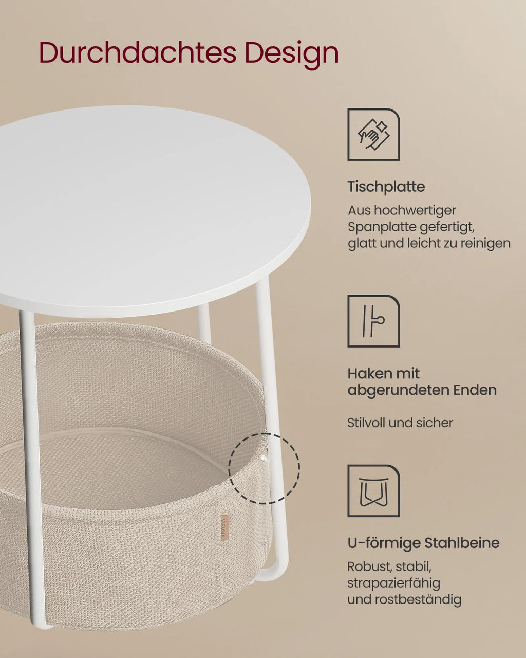 VASAGLE Round Side Table Small Coffee Table Small Living Room Table with Fabric Basket Living Room Storage Space