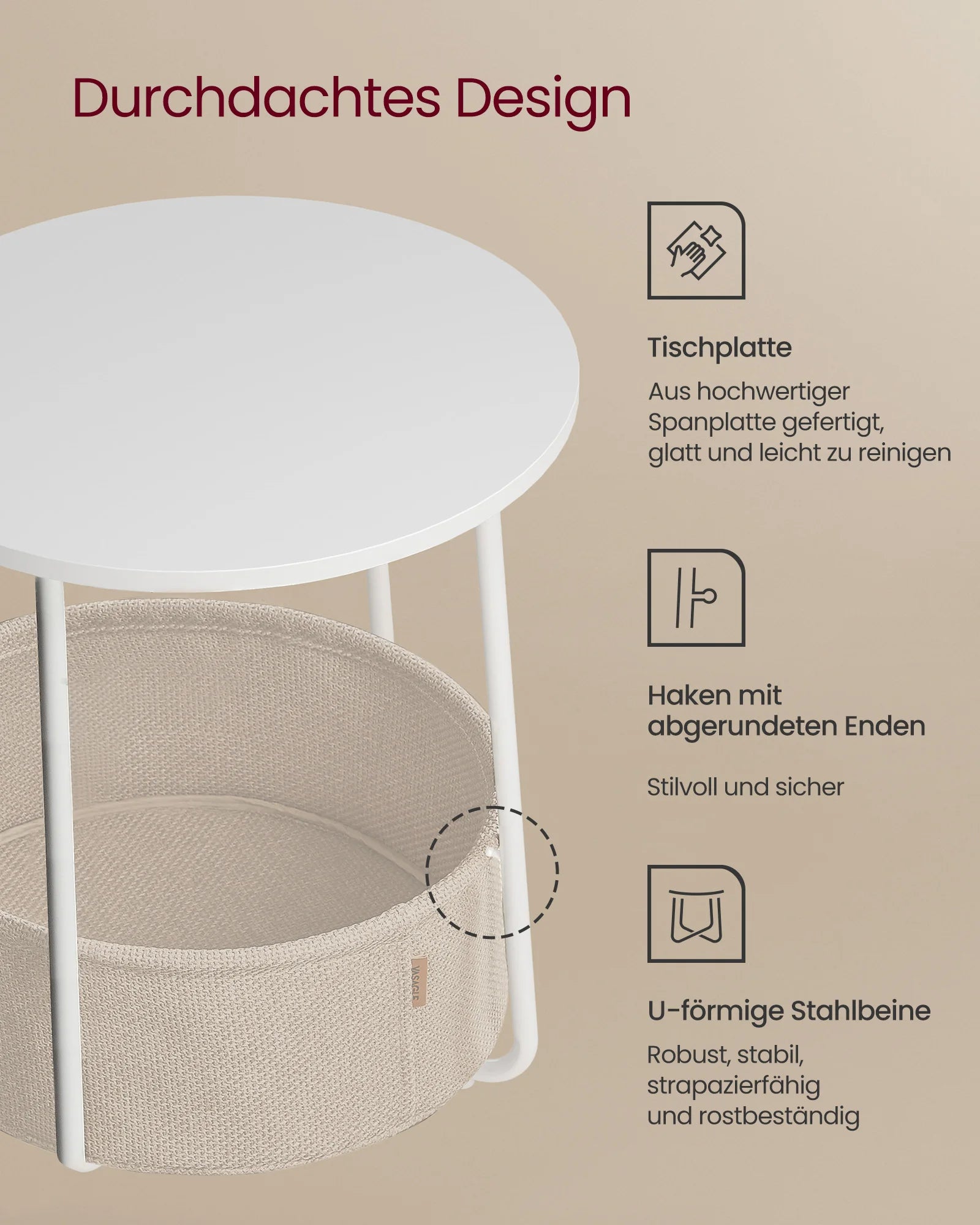 VASAGLE Round Side Table Small Coffee Table Small Living Room Table with Fabric Basket Living Room Storage Space