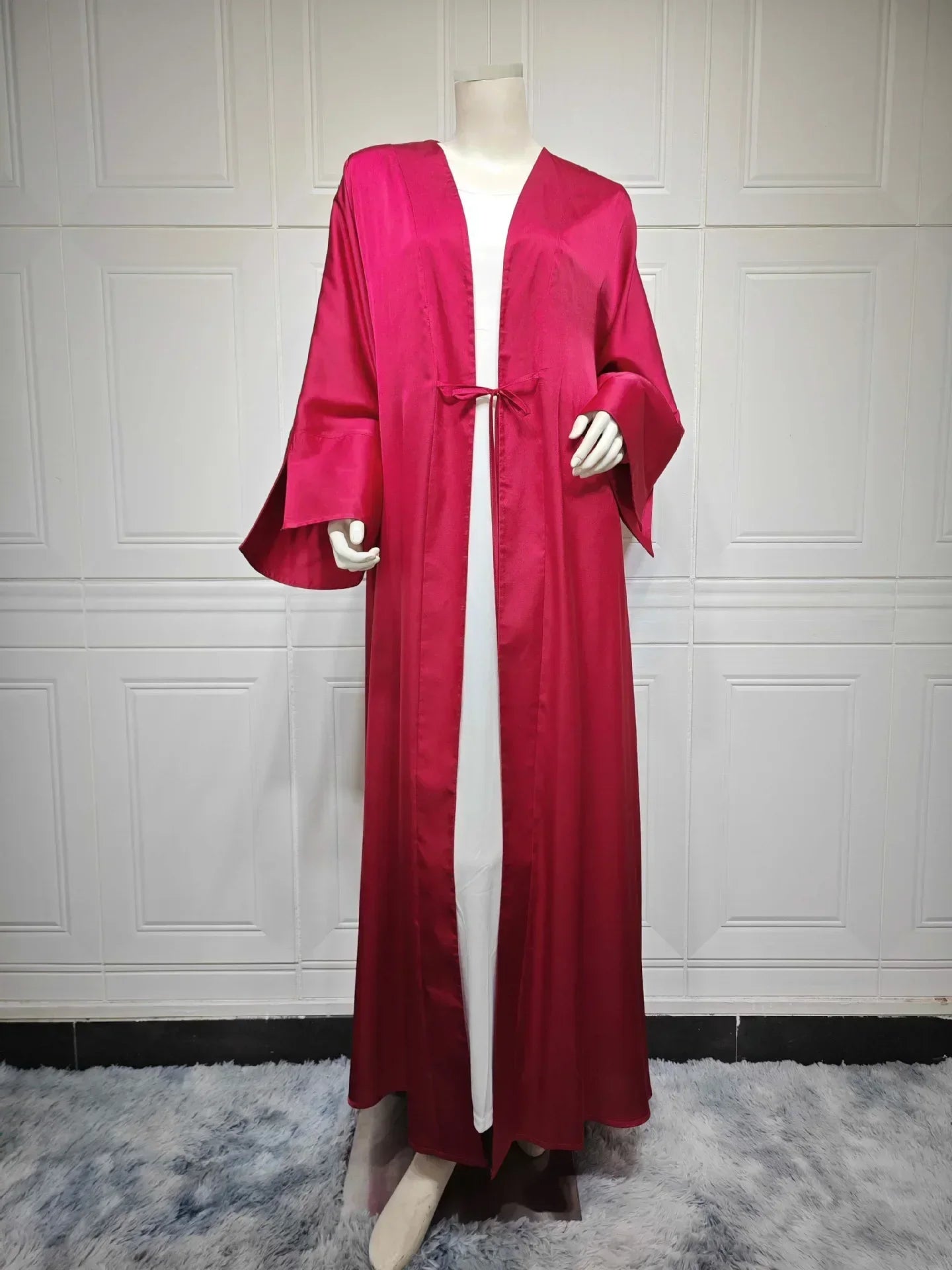 Muslim Women Pink Satin Kimono Abaya Damen Dubai Elegant Luxury Kaftan Modest Dress Islam Caftan Marocain Robe Femme Musulmane