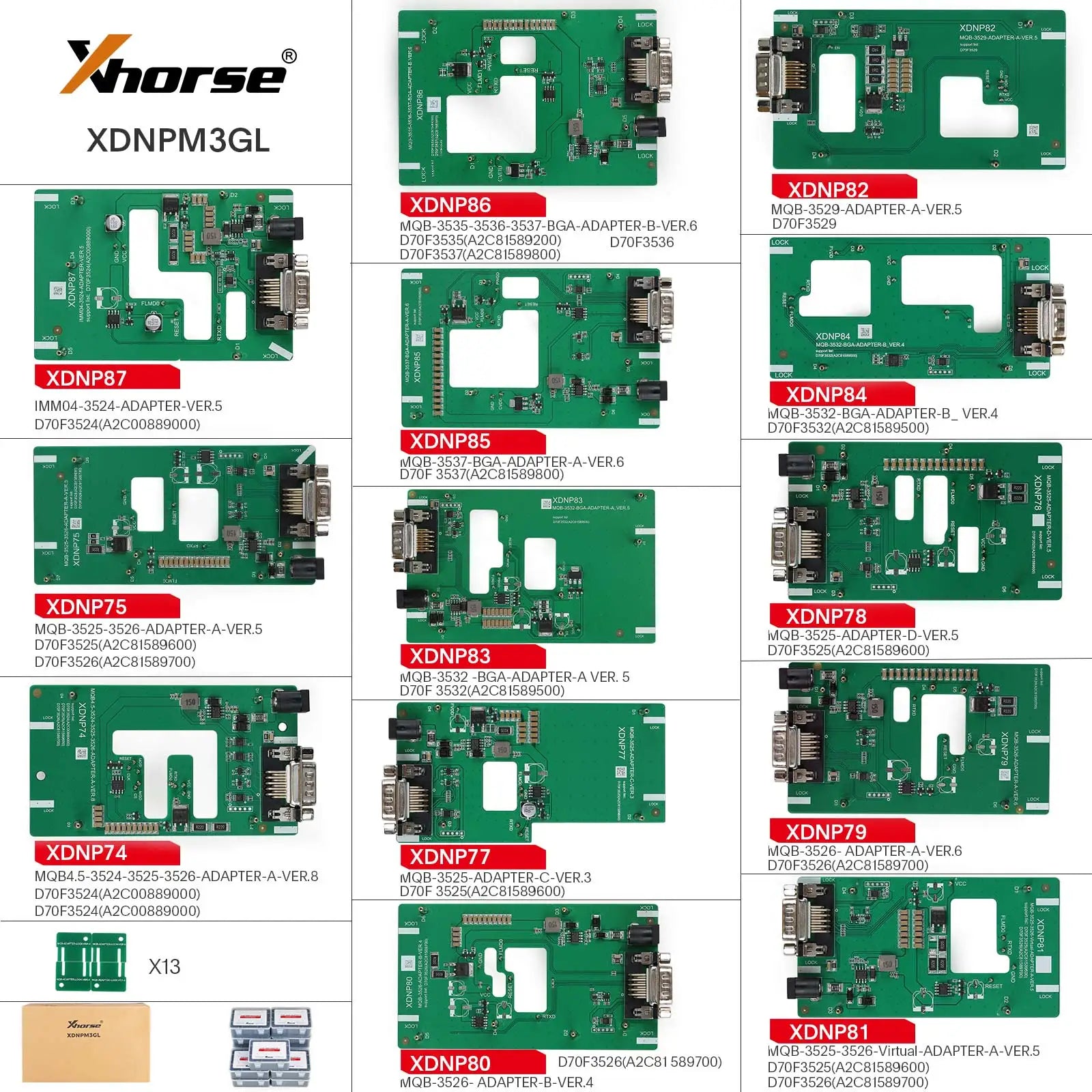 In Stock Xhorse XDNPM3GL MQB48 Solder-Free Adapter 13pcs Full Set Work with Multi-Prog, VVDI Prog, Key Tool Plus