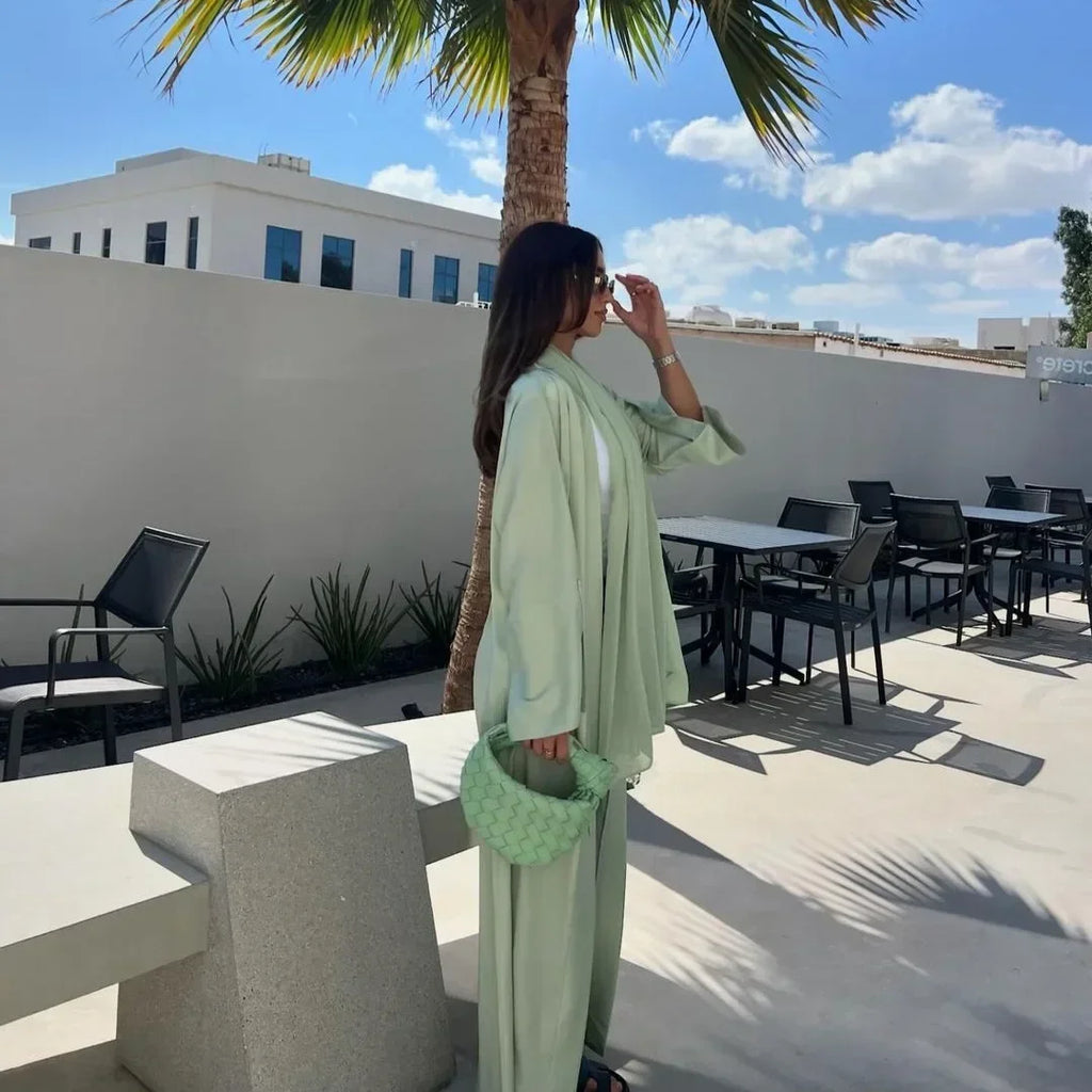 Muslim Women Pink Satin Kimono Abaya Damen Dubai Elegant Luxury Kaftan Modest Dress Islam Caftan Marocain Robe Femme Musulmane