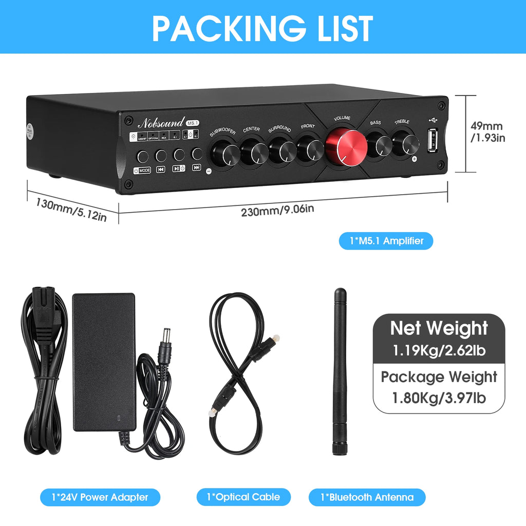 Nobsound M5.1 Digital Bluetooth Receiver 5.1 Channel Coaxial/Optical Home Theater Power Amp U-disk Subwoofer Amplifier