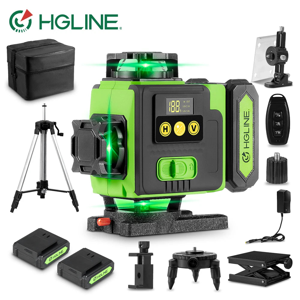HGLINE 16 Lines 4D Laser Level Rotatable Leveling Machine Rechargeable Automatic Leveling Tool 2X6000mAh Battery Set With Tripod