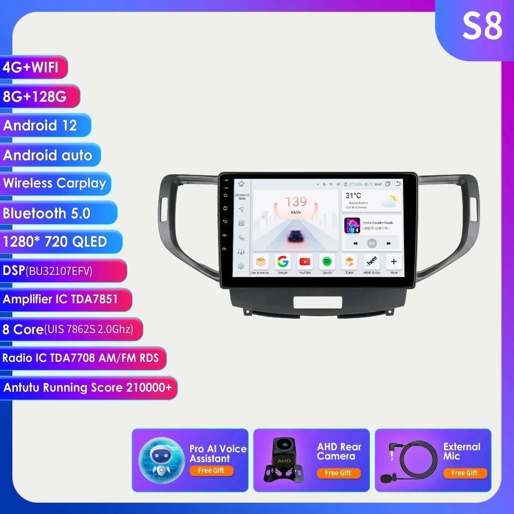 Android 12 for Honda Accord 8 Acura TSX 2008-2012 Auto radio Multimedia Video player GPS navigation Stereo 2din RDS DSP Carplay