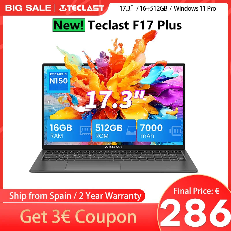 Teclast F17Plus Laptop, 17.3 Inches, for Intel N150, 16Gb Ram 512Gb Ssd, Windows 11 Pro, Notebook with 180 Rotation °   Mini-Hdmi Backlit Keyboard