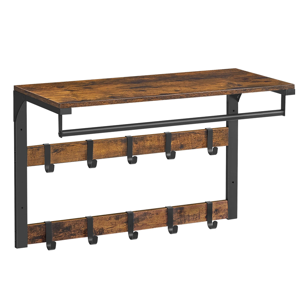 VASAGLE Wall wardrobe with Shelf Wall Shelf with 10 Removable Hooks Hangers No Matter Wall Mounted 2 Cloakroom Lits