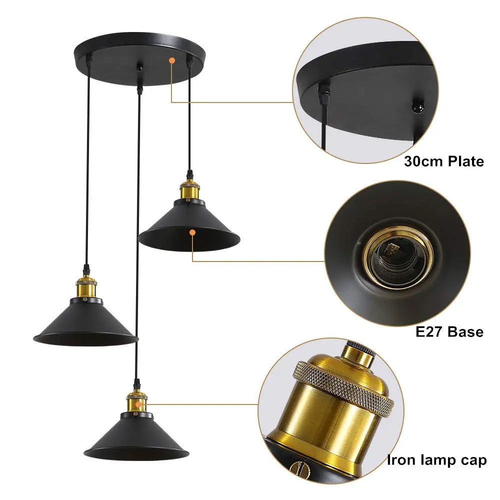 3 Lights Vintage Industrial Pendant Light, Metal Edison Design, Black Metal Hanging Chandeliers, E27 Ceiling Lighting for Kitchen