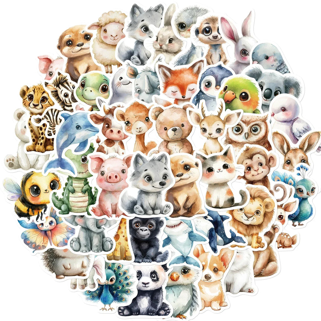 50PCS Cute watercolor animal cartoon graffiti sticker DIY skateboard phone laptop waterproof cool sticker, sticker toy