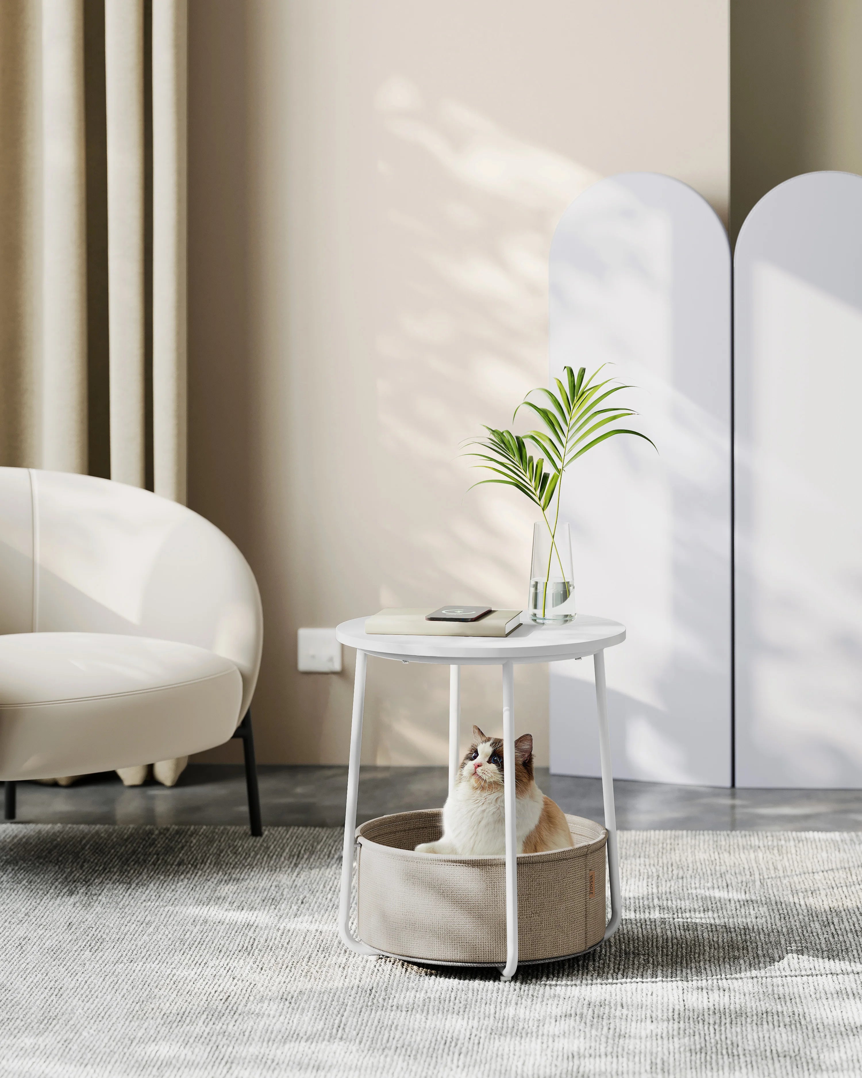 VASAGLE Round Side Table Small Coffee Table Small Living Room Table with Fabric Basket Living Room Storage Space