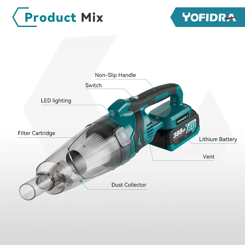 YOFIDRA 1500W Electric Vacuum Cleaner Cordless Multi-function Cleaner Handheld Cleaning Snow Dust Tool For Makita Battery Pin